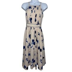 Club Monaco Pleated Klarika Dress Silk Ivory Blue Floral Pleated Strap Women 00